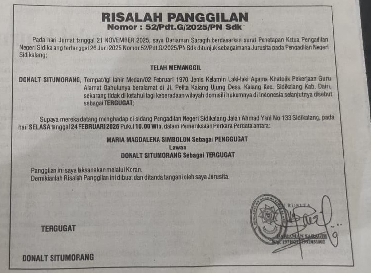Relaas Panggilan Umum Nomor 52/Pdt.G/2025/PN Sdk